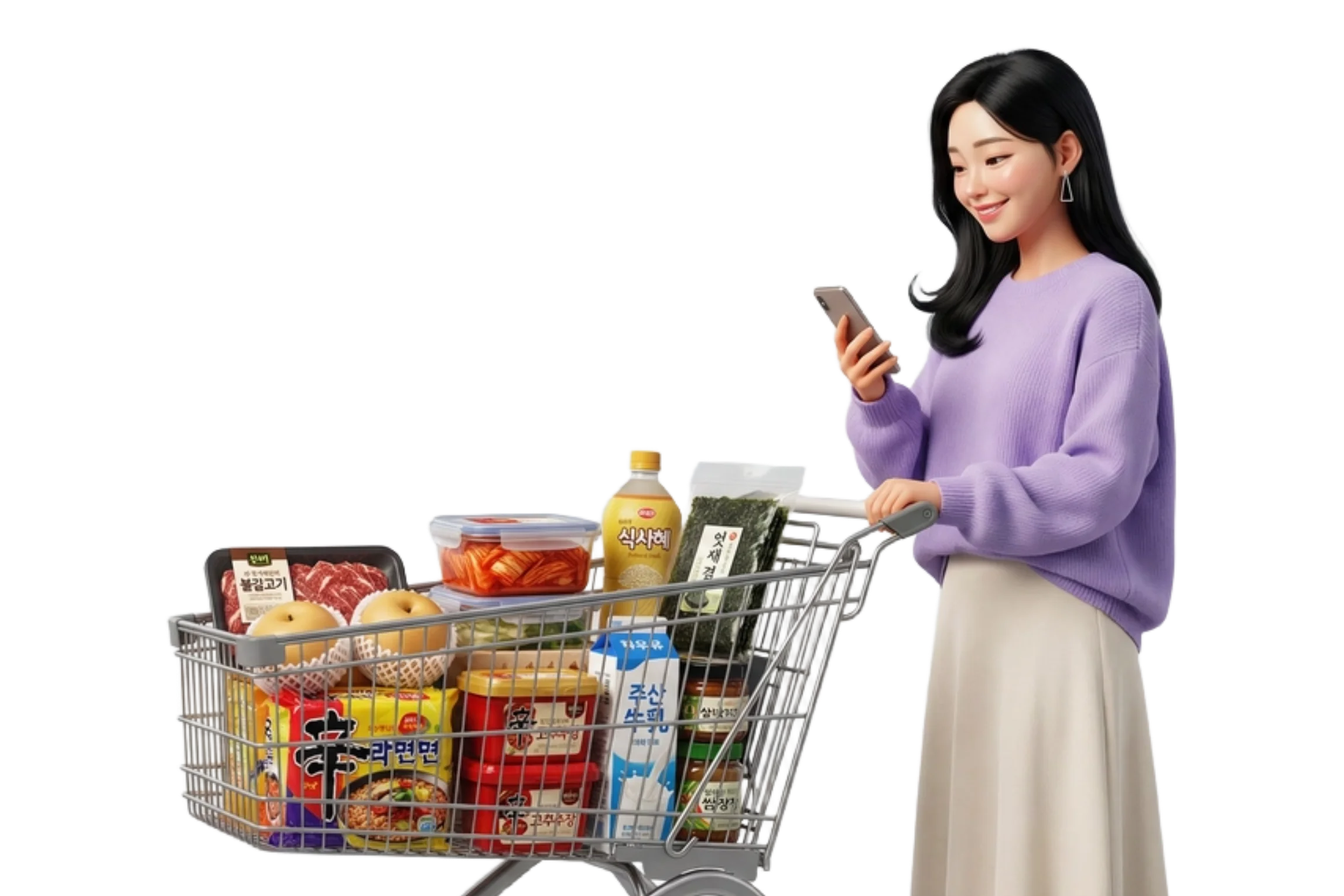 시장 마트 안 카트에 기대어 빵긋하게 웃는 한 시민